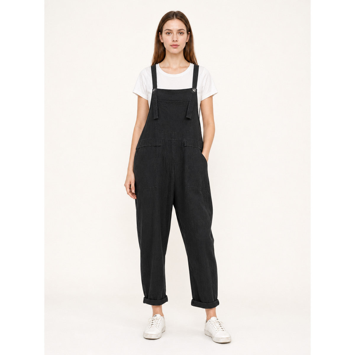 Black Loose-Fit Overalls with Pockets