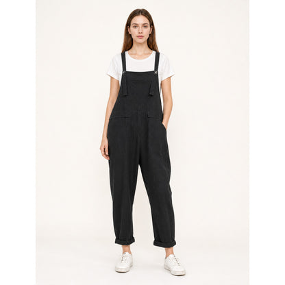 Black Loose-Fit Overalls with Pockets