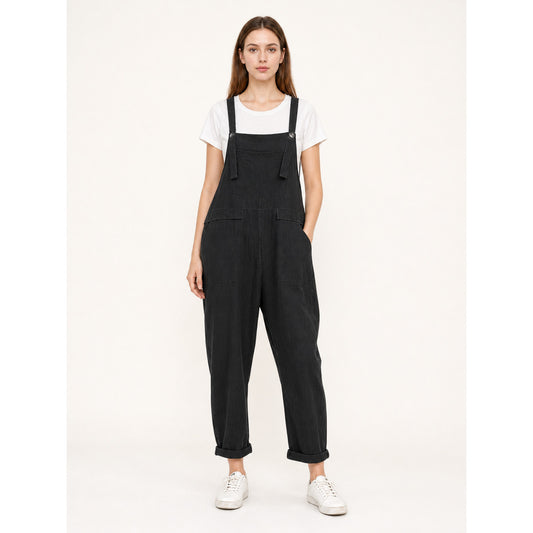 Black Loose-Fit Overalls with Pockets