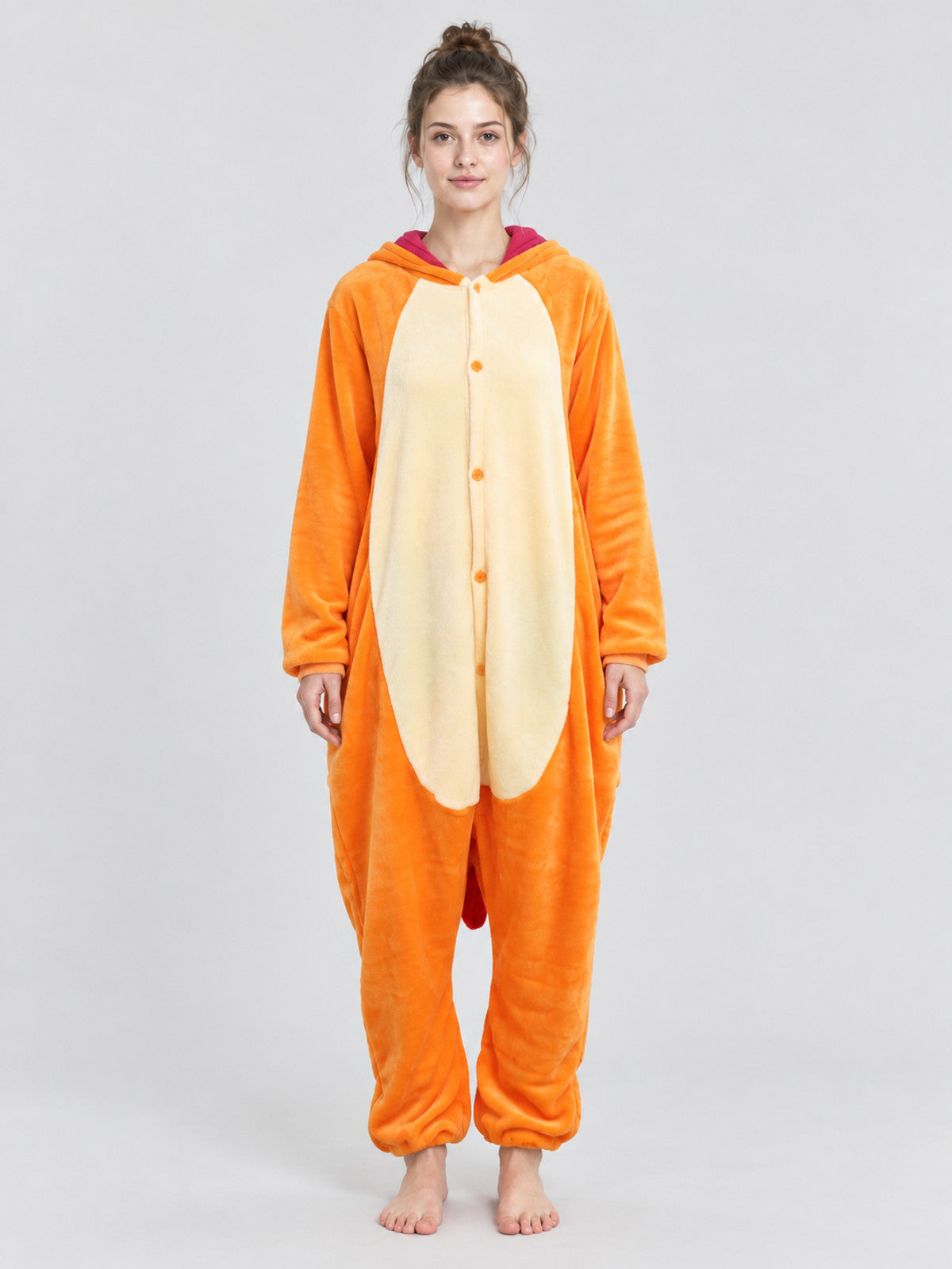 Orange Hooded Pajama Jumpsuit with Light-Colored Panel