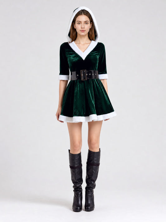The dress is designed in a deep green color with white details. The hood on-model view