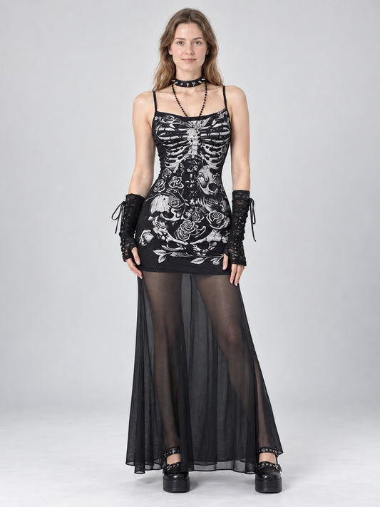 Long Gothic-Style Dress with Skeleton and Rose Print