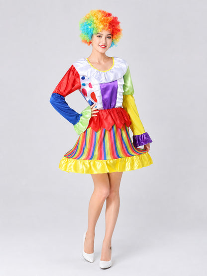 Clown Carnival Dress Costume with Rainbow Stripes on-model view