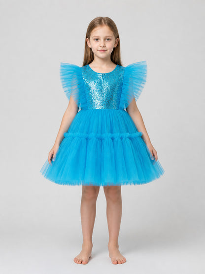 Full Sequin Dress with a Layered Tulle Skirt on-model view