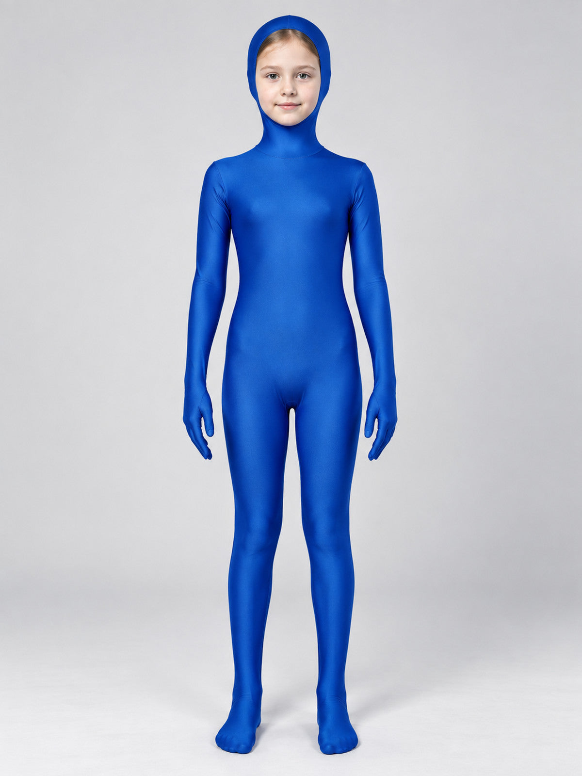 Blue form-fitting zentai bodysuit with hood