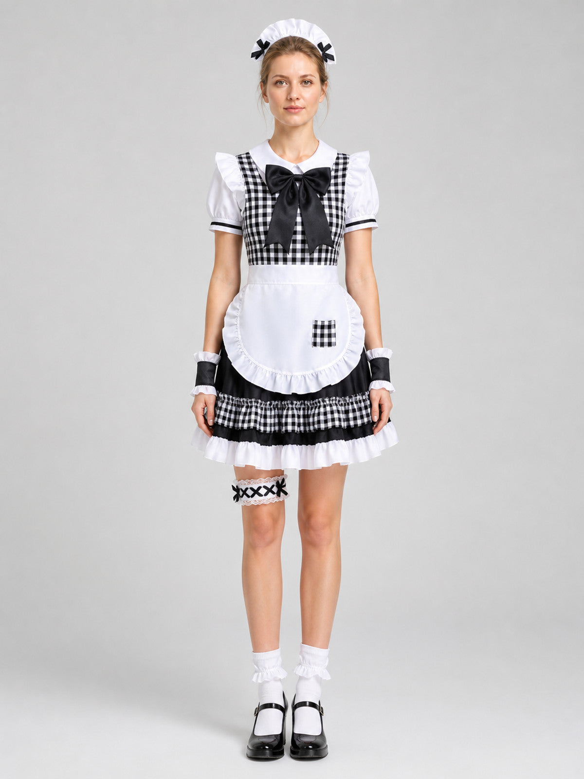 Lolita-Style Outfit with Apron, Bow, and Headband on-model view
