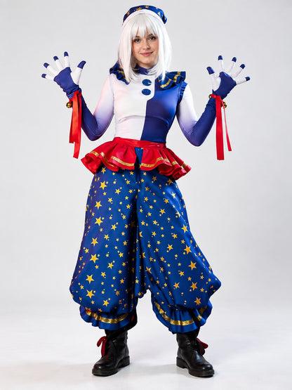 White and Blue Clown Costume with Gold Stars for Cosplay