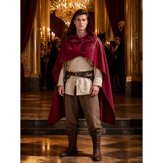Wine red hooded cape with overlapping front panels, shown full-body on a model wearing a medieval-style outfit in an ornate hall