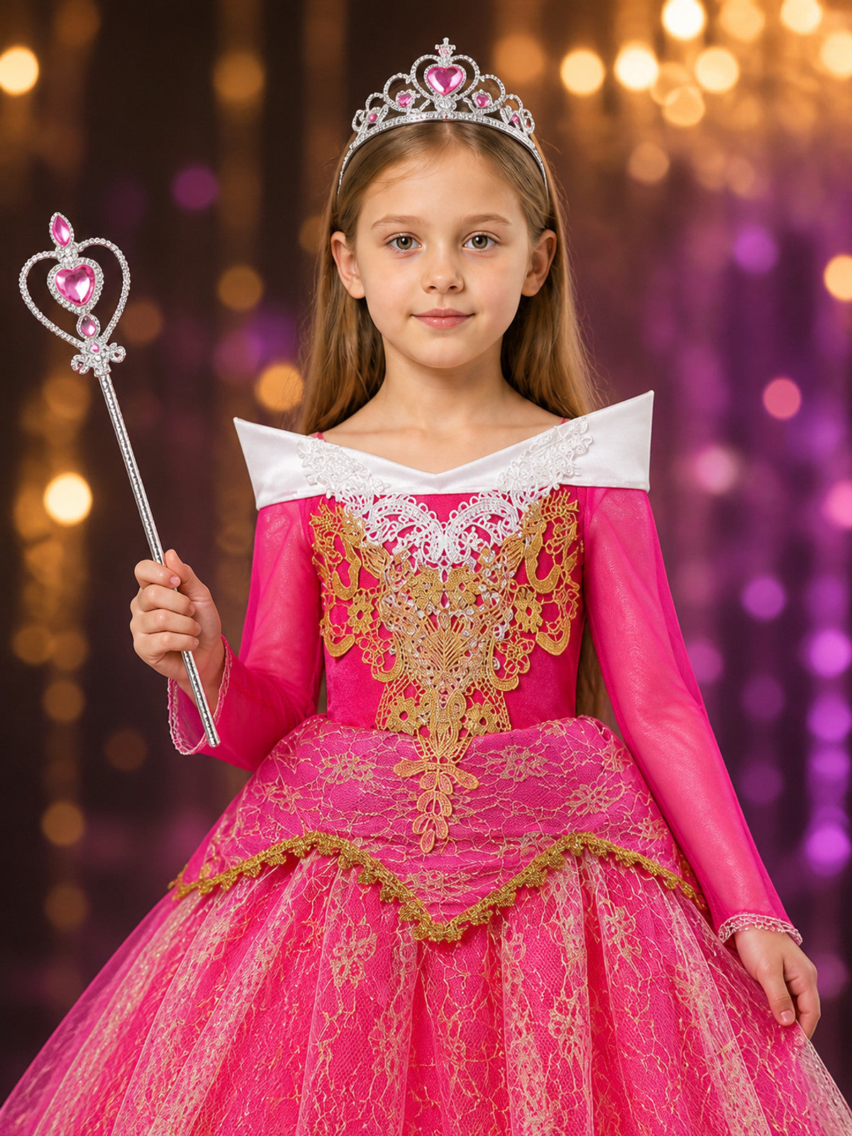 Girls' Princess Dress Halloween Costume Set With Crown And Wand on-model view