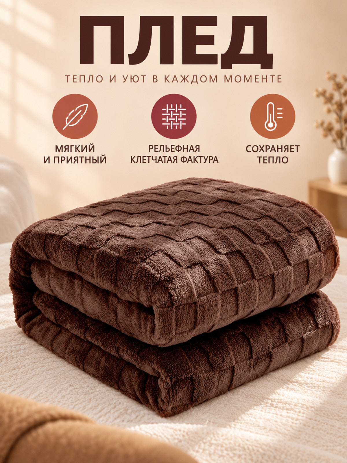 Brown Polyester Blanket with Textured Checkered Pattern