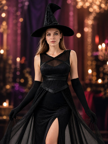 Witch Costume with Long Gloves and Hat on-model view