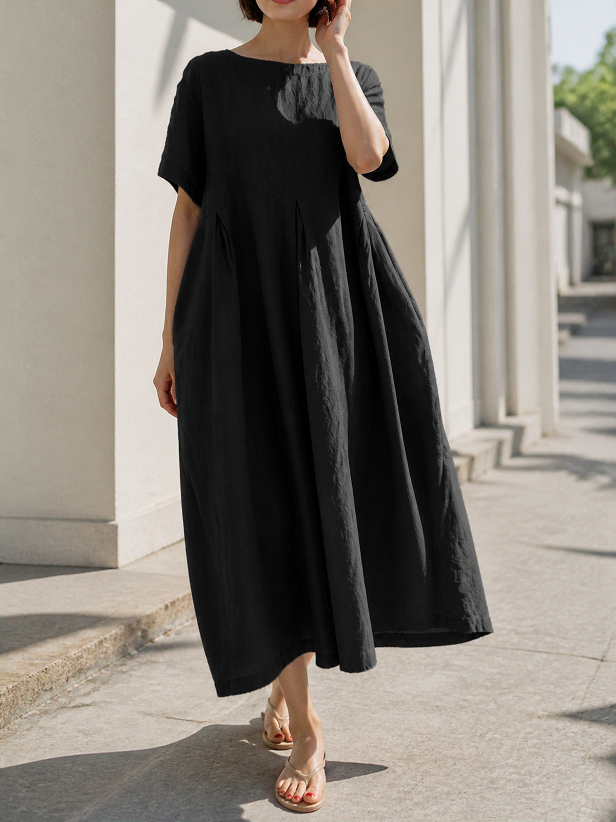 Women's Black Dress with a Round Neckline and A-Line Silhouette main product view