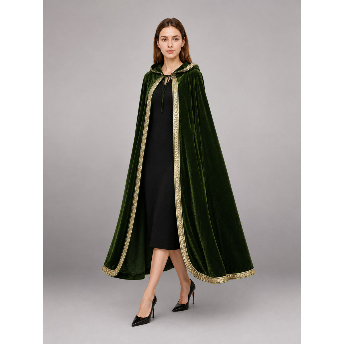 Green Medieval Hooded Costume Cloak front view