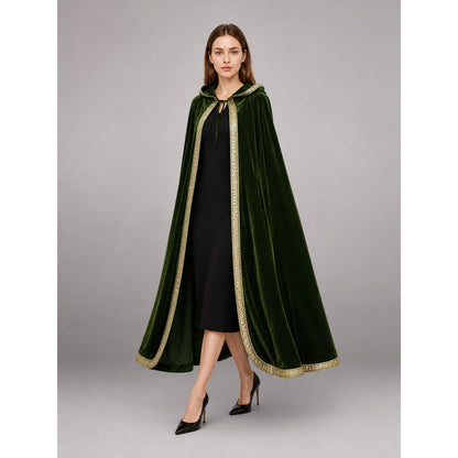 Green Medieval Hooded Costume Cloak front view