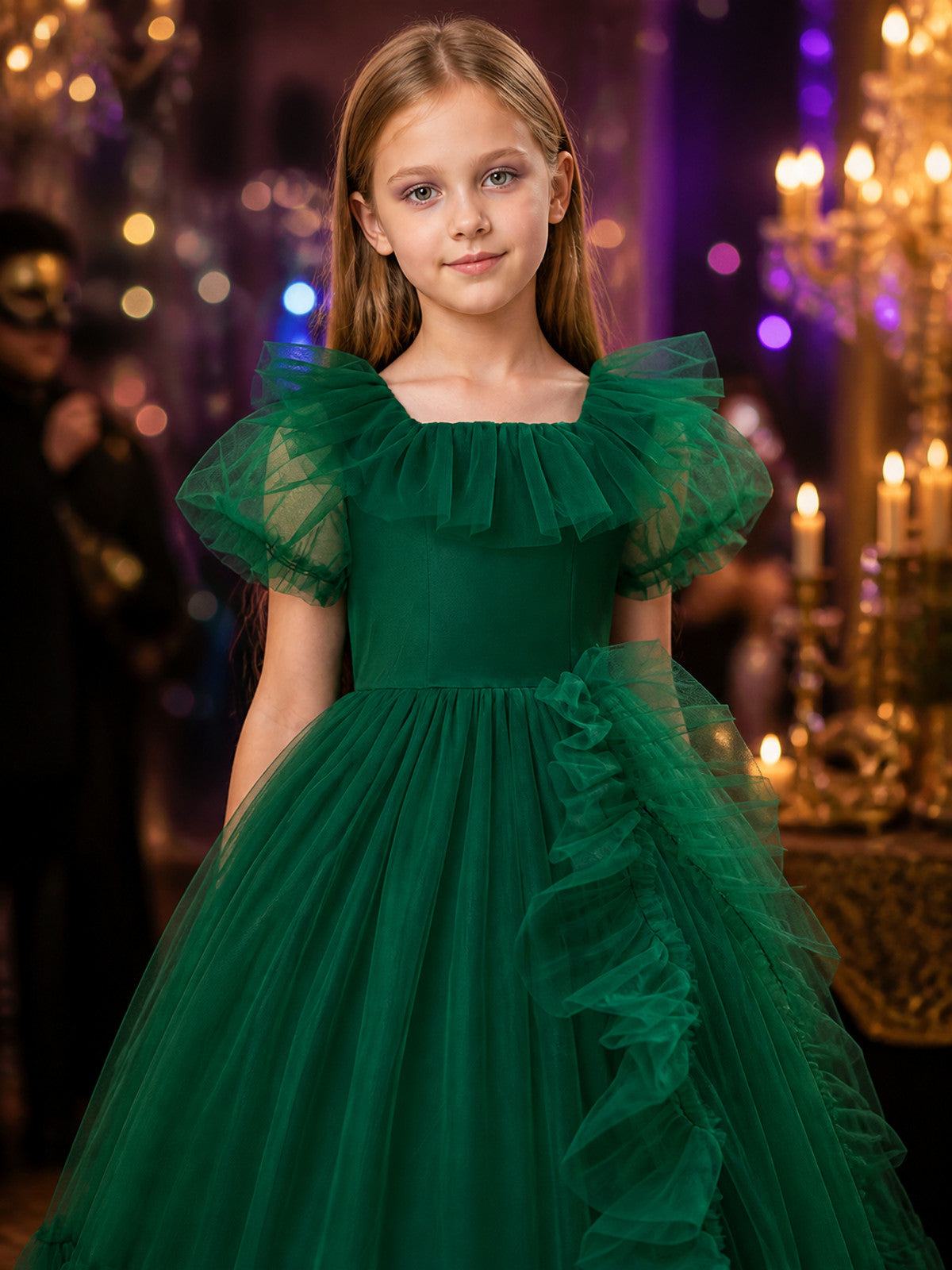 Girls' Green Princess Dress, Ruffled Puff Sleeve Layered Tulle Formal Gown on-model view