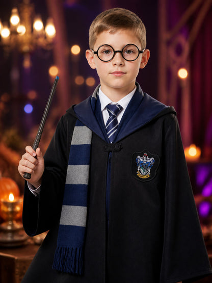 Ravenclaw Wizard Robe Costume Set, Hooded Long Robe with Tie, Scarf, Glasses and on-model view
