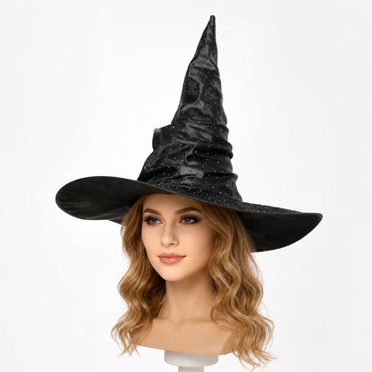 Black Halloween Witch Hat Pointed Wide Brim Ruched Crown With Silver-White Dot Embellishments Costume Accessory