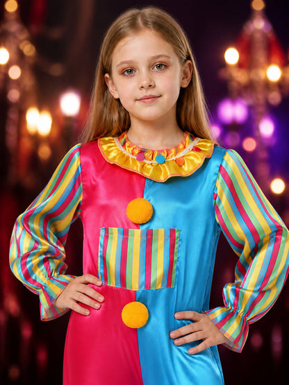 Kids Colorful Split-Color Clown Jumpsuit Costume with Ruffle Collar and Pom-Pom on-model view