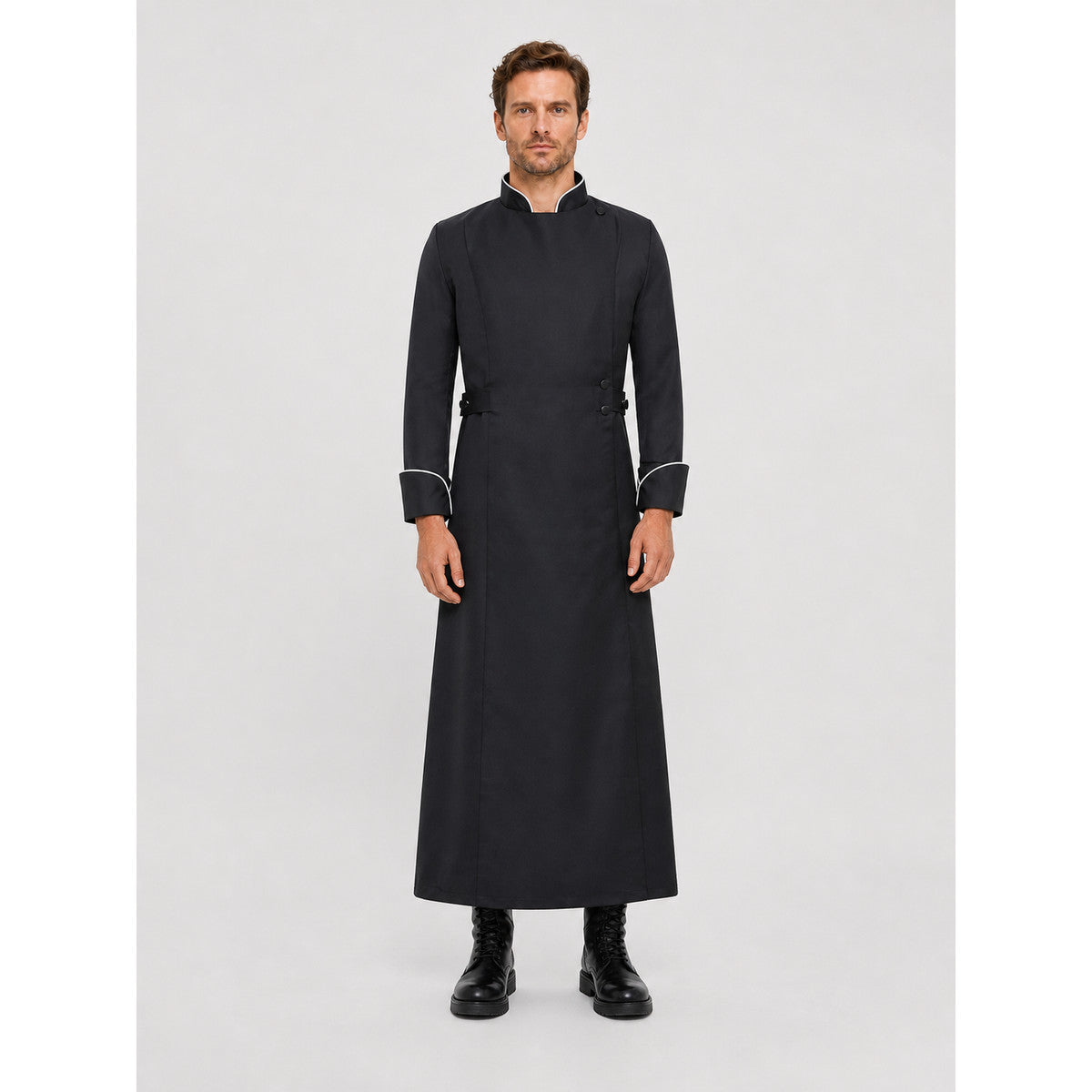 Long Black Robe with Stand Collar and White Trim