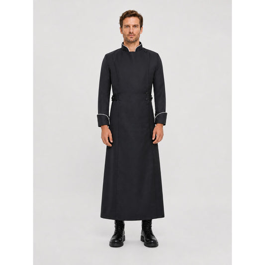 Long Black Robe with Stand Collar and White Trim on-model view