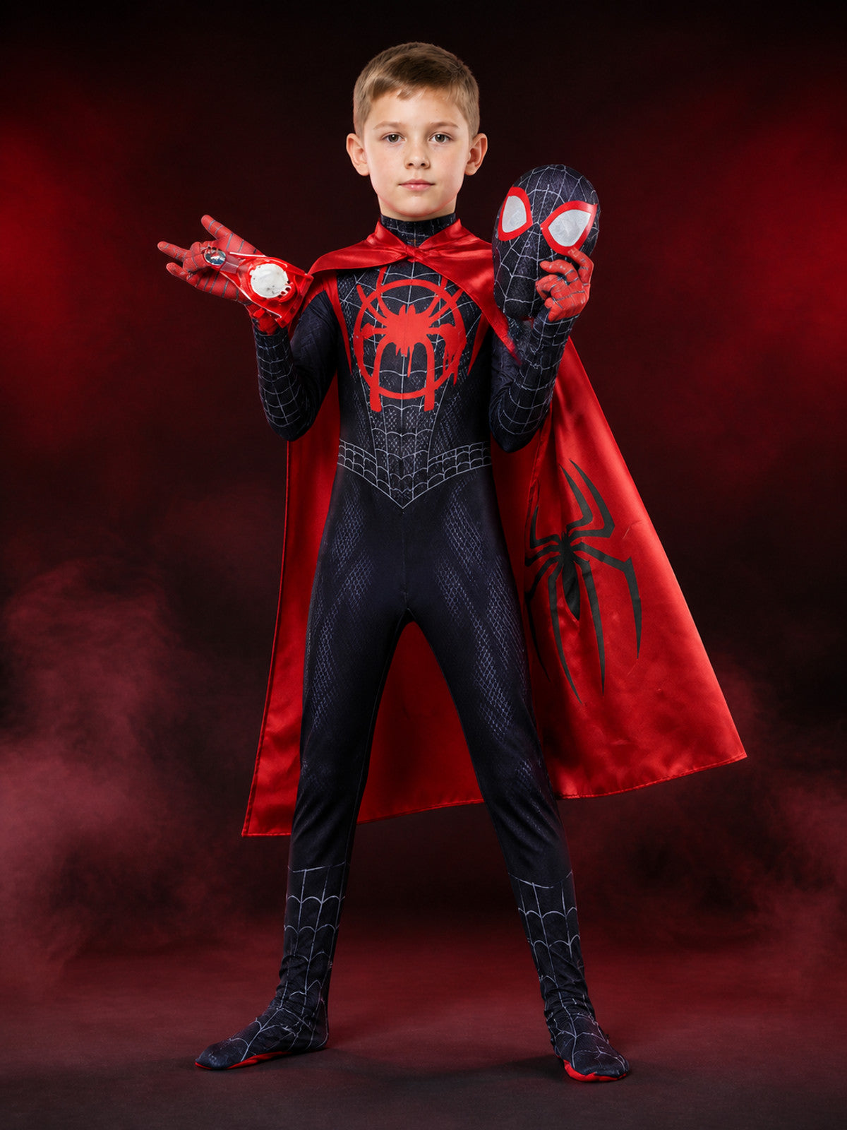Kids Black Spider-Themed Bodysuit Costume With Hooded Mask, Cape And Props main product view