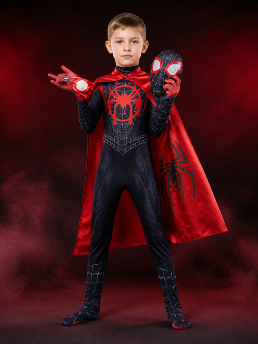 Kids Black Spider-Themed Bodysuit Costume With Hooded Mask, Cape And Props main product view
