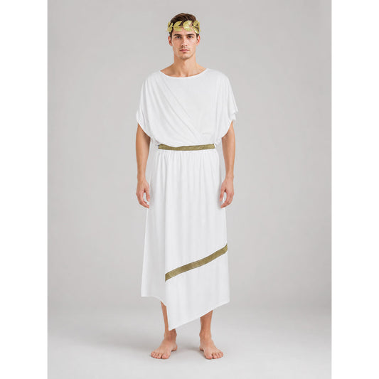 Adult Men's Ancient Greek Costume Set, 3pcs Draped Robe With Gold Trim, Waist Belt And Laurel Wreath For Cosplay Theme Parties