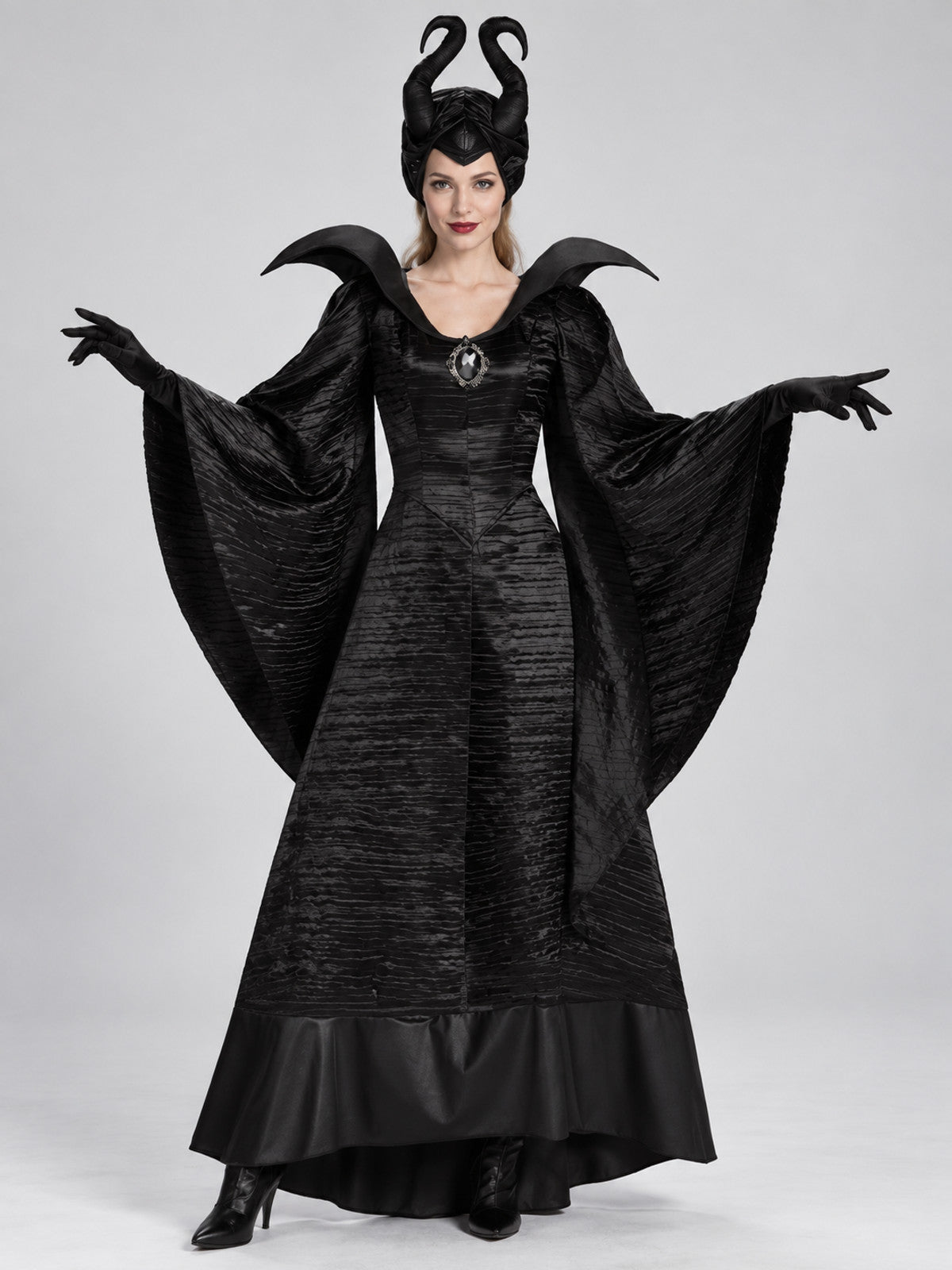 Maleficent Costume: Black Dress, Horns, Brooch