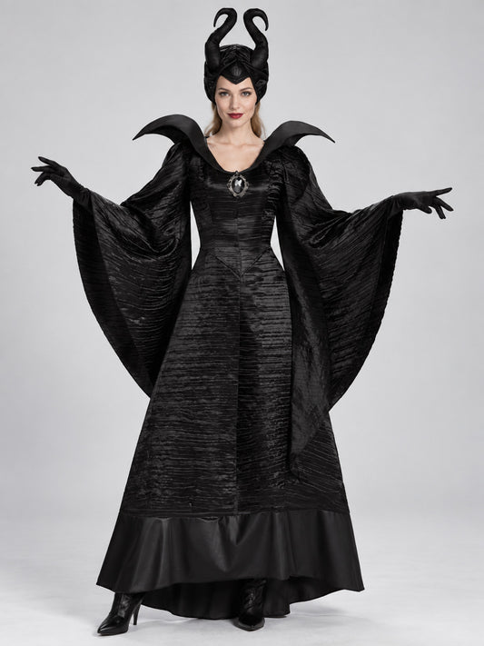 Woman wearing a black floor-length costume gown with tall curved horned headpiece, pointed high collar and wide bell sleeves, front view