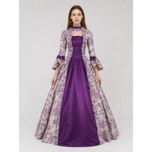 Long-Sleeve Evening Dress with Patterned Bodice