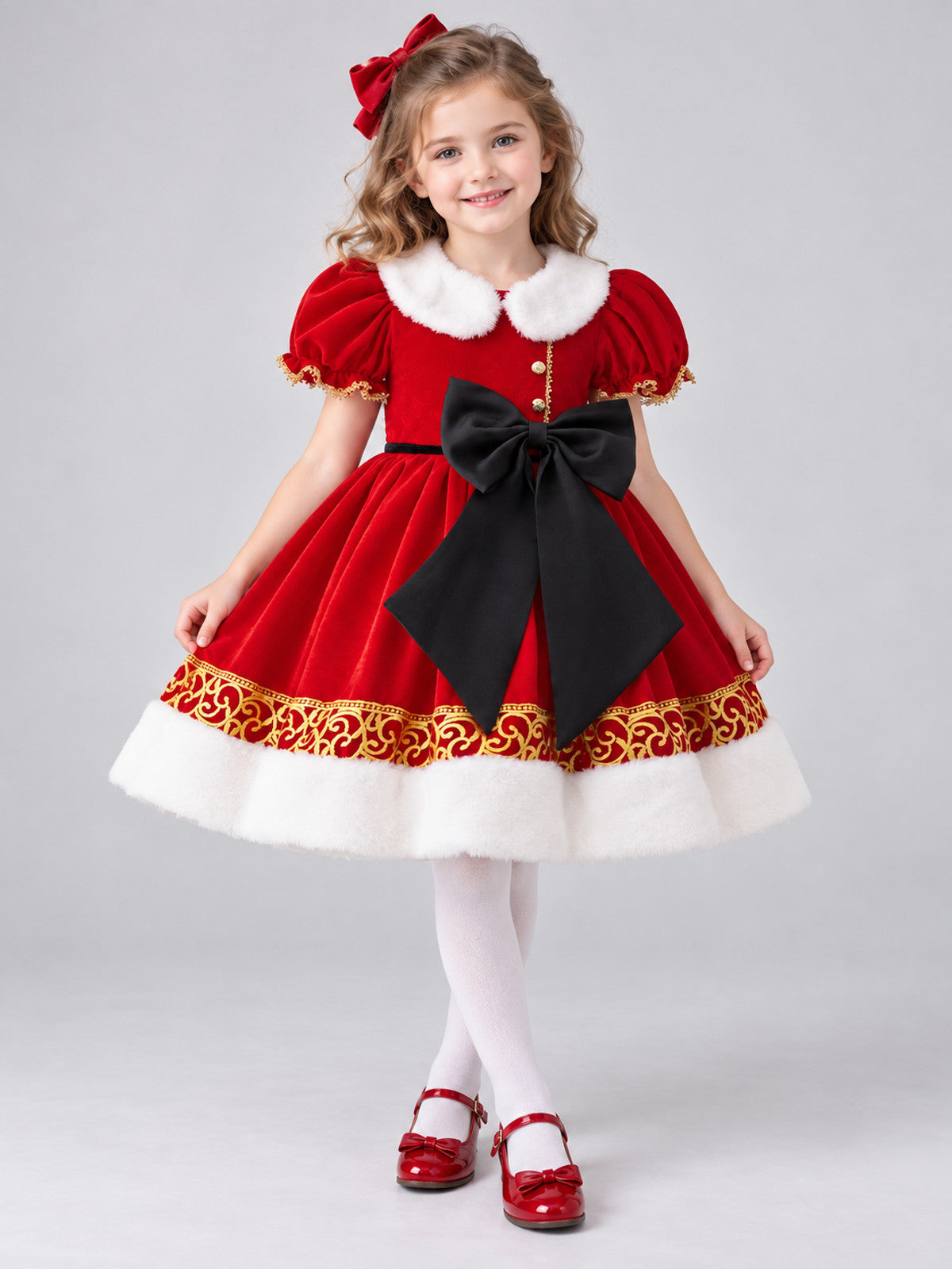Kids' Holiday Dress with Bow and Faux Fur Collar