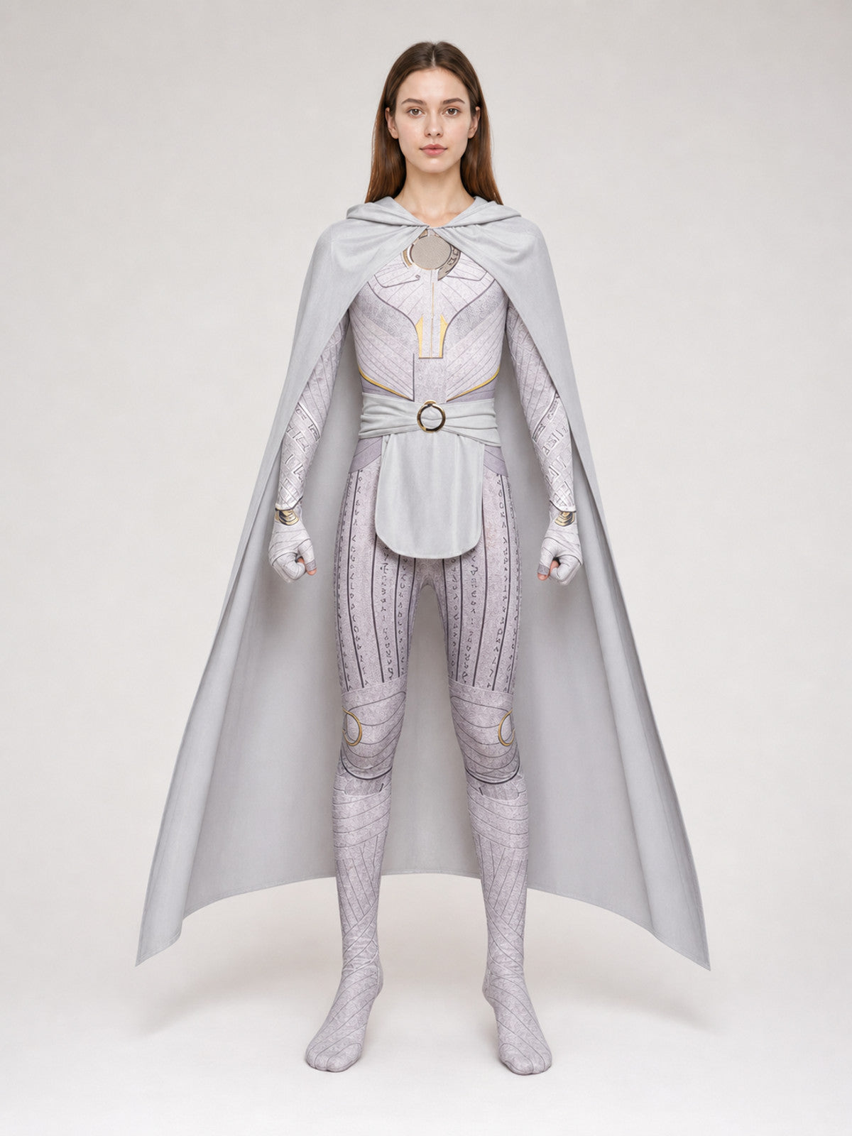 Superhero Cosplay Costume with Hood and Cape on-model view