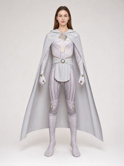 Superhero Cosplay Costume with Hood and Cape on-model view