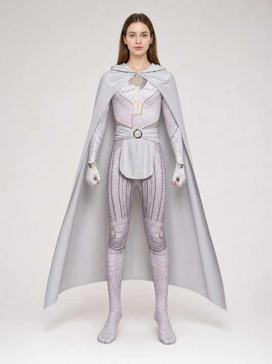 Superhero Cosplay Costume with Hood and Cape on-model view