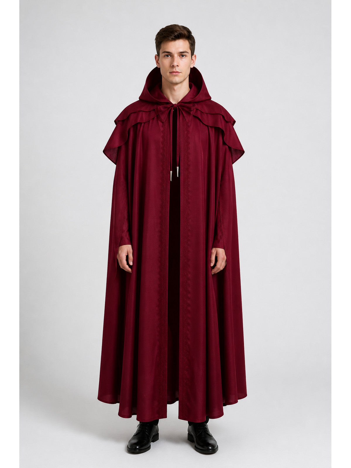 Burgundy Hooded Cloak with Ruffles for Costumes