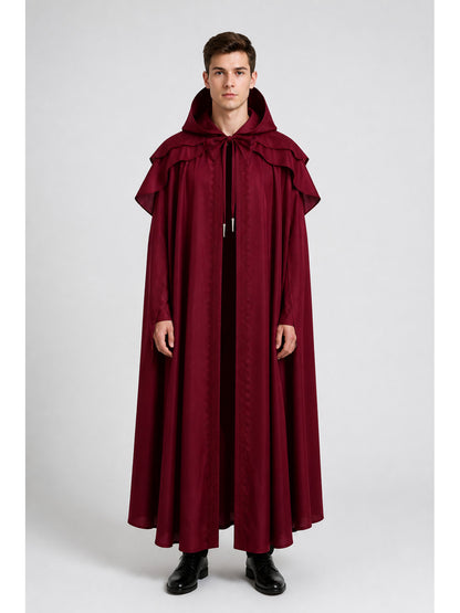 Burgundy Hooded Cloak with Ruffles for Costumes