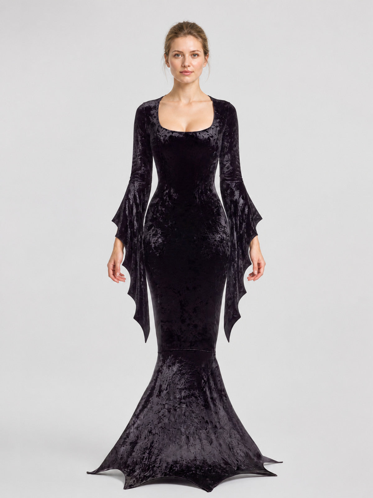 Black Vampire Costume with Bat-Wing Sleeves, Mermaid Dress on-model view