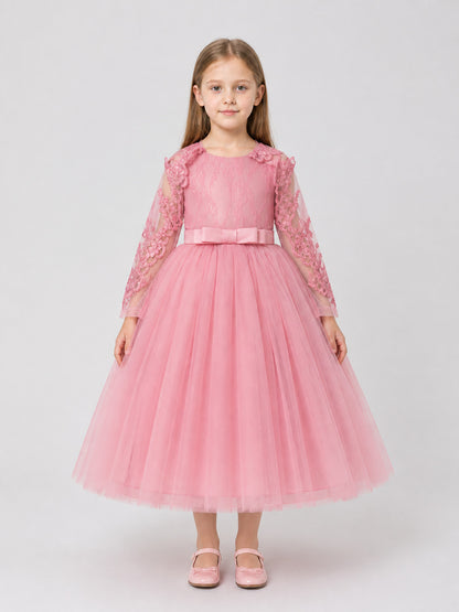 Full Skirted Girls' Dress with Cape and Bow on-model view