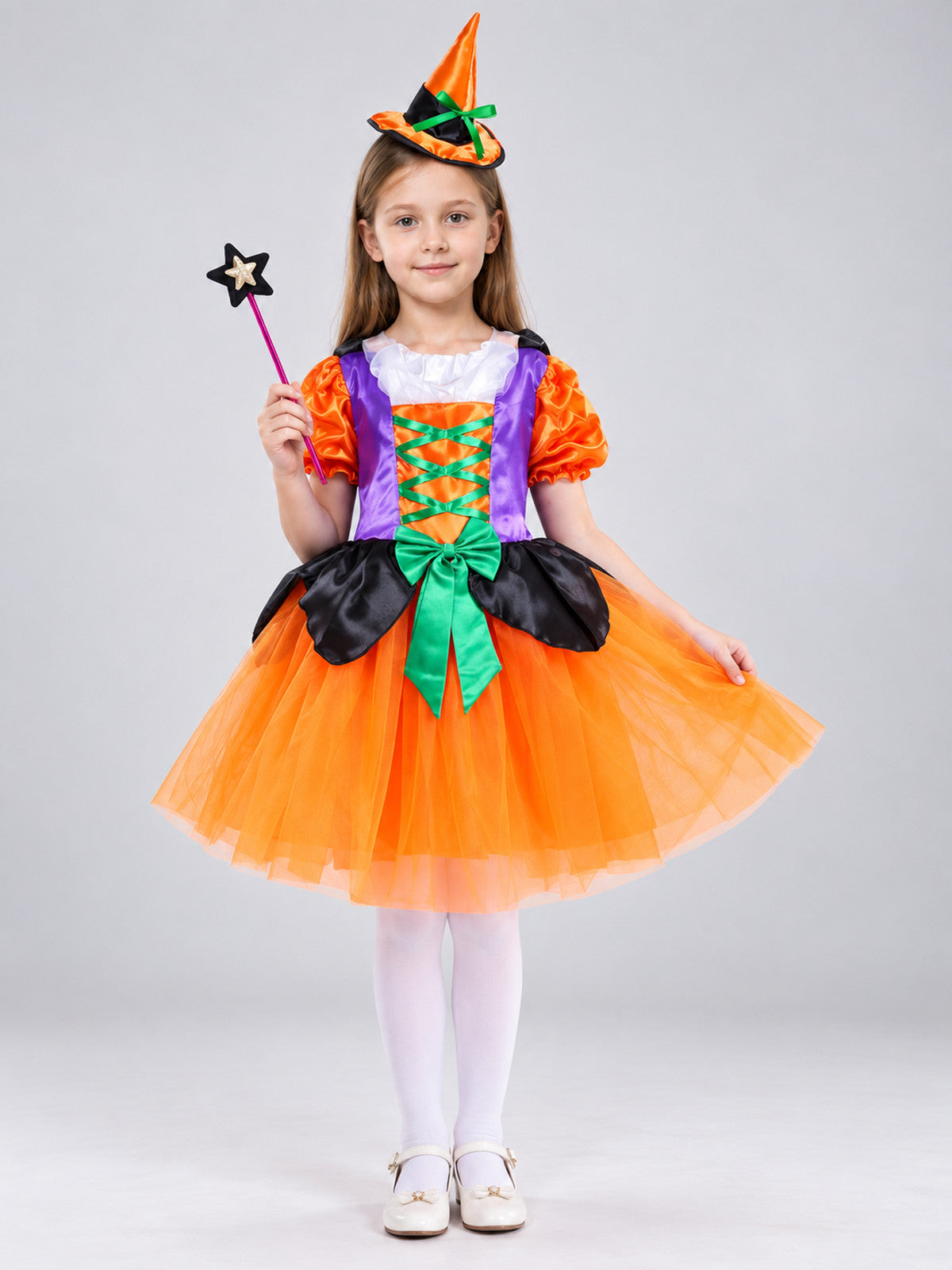 Witch Halloween Costume with Dress, Hat, and Wand