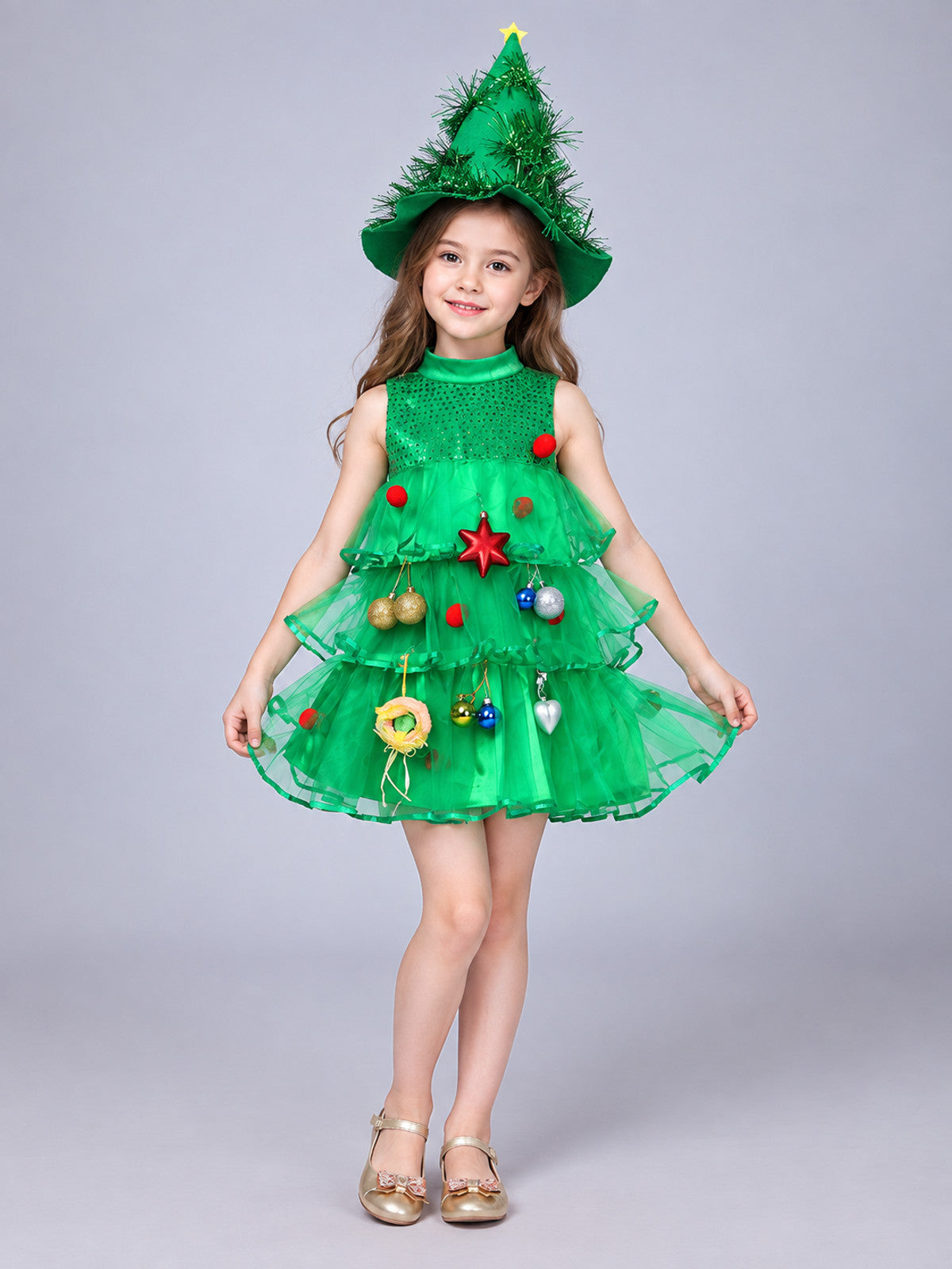 Green Children's Christmas Tree Dress for Performances on-model view