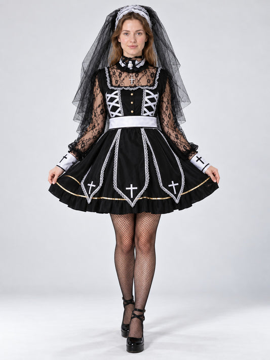 Carnival Costume with Crosses and Sheer Veil