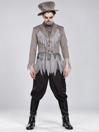 Halloween Costume Gray Tailcoat with Raw Edges and Pants