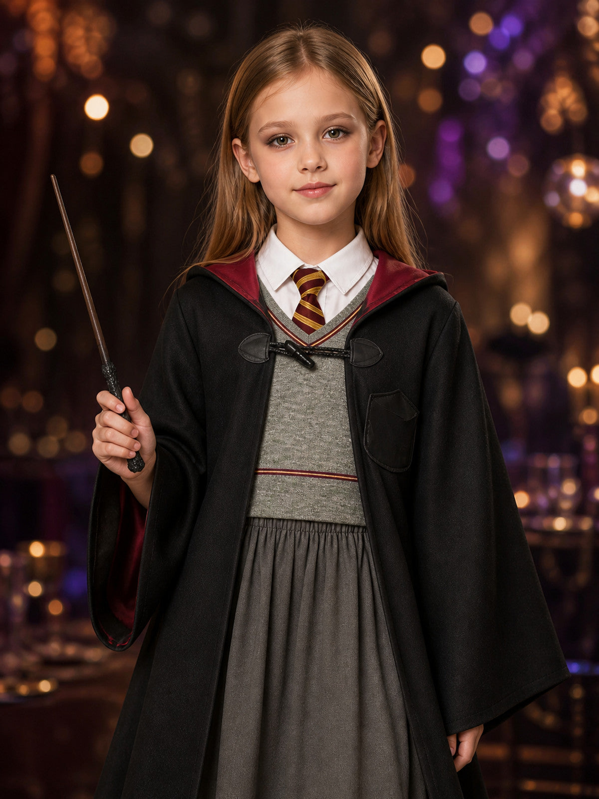 Kids' Wizard Halloween Costume Set with Hooded Robe, Vest, Skirt and Wand on-model view