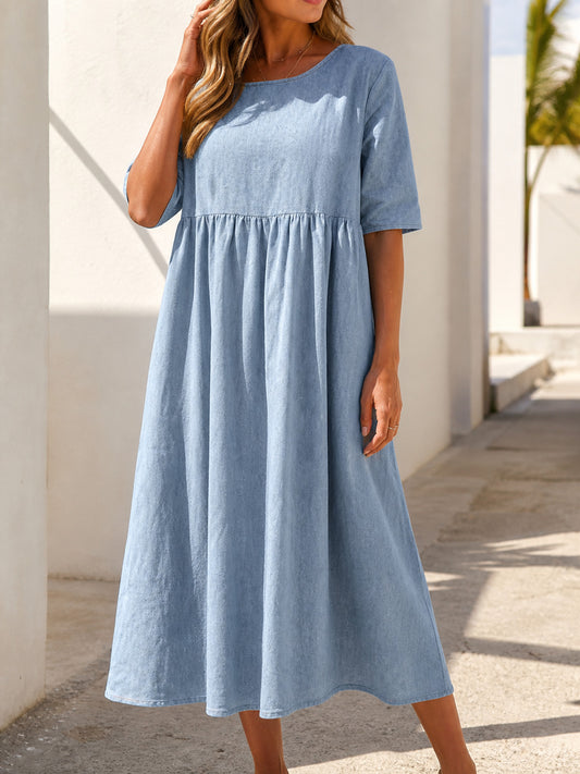 Long Loose-Fit Dress with a Round Neck and 7/8 Sleeves main product view