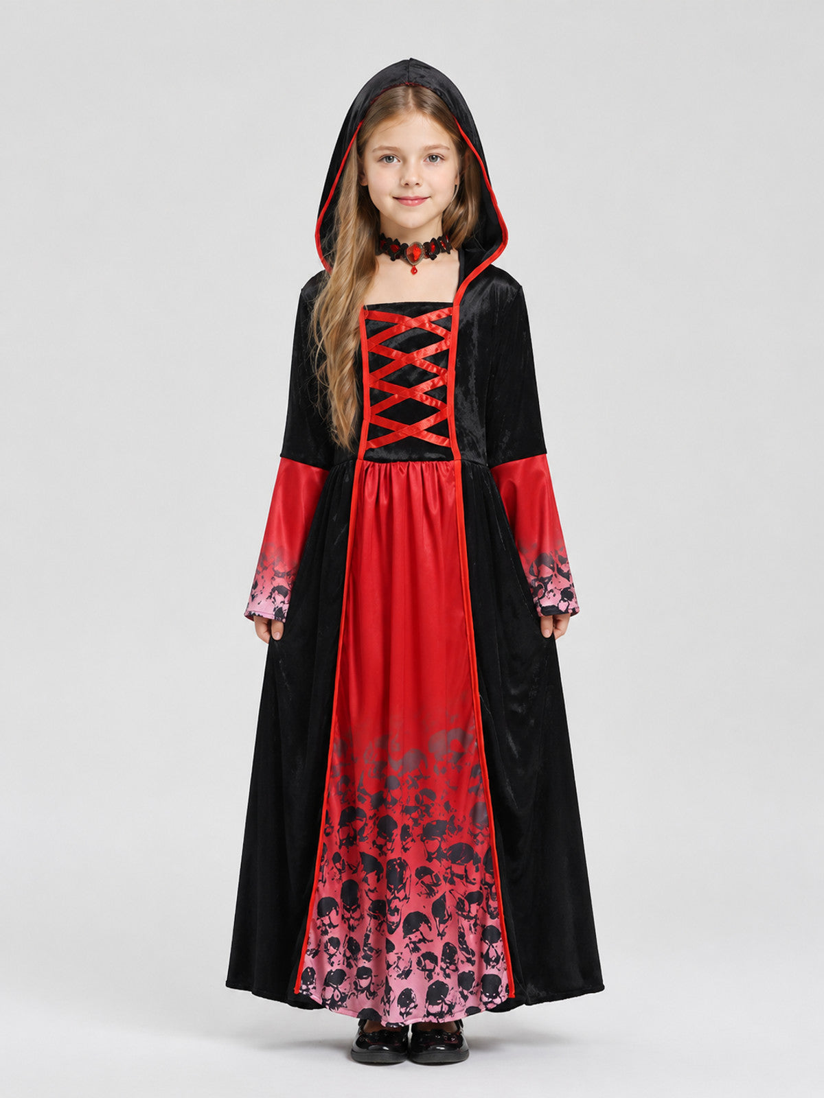 Children's Witch Costume Dress with Skulls and Hood on-model view