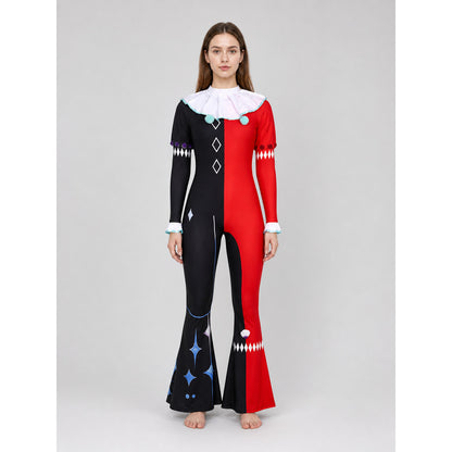 The one-piece ghost clown costume is designed in a theatrical circus style. The set includes a jumpsuit, a two-tone clown hat, a white ruffled collar, a shoulder piece, and cuff details. The look is based on a contrasting combination of bla