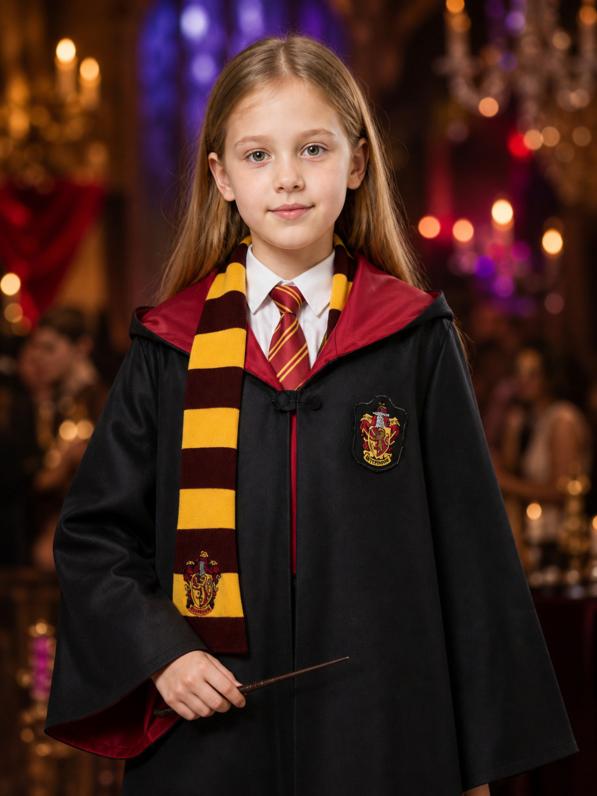 Black Wizard School Robe Costume Set, Long Hooded Cape with Burgundy and Gold on-model view