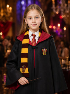 Harry Potter Black Wizard School Robe Costume Set, Long Hooded Cape with Burgundy and Gold
