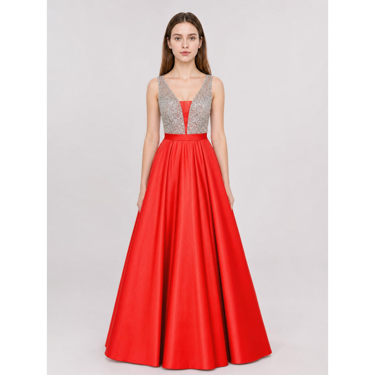Floor-Length Evening Dress with a Deep V-Neckline