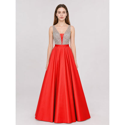 Floor-Length Evening Dress with a Deep V-Neckline